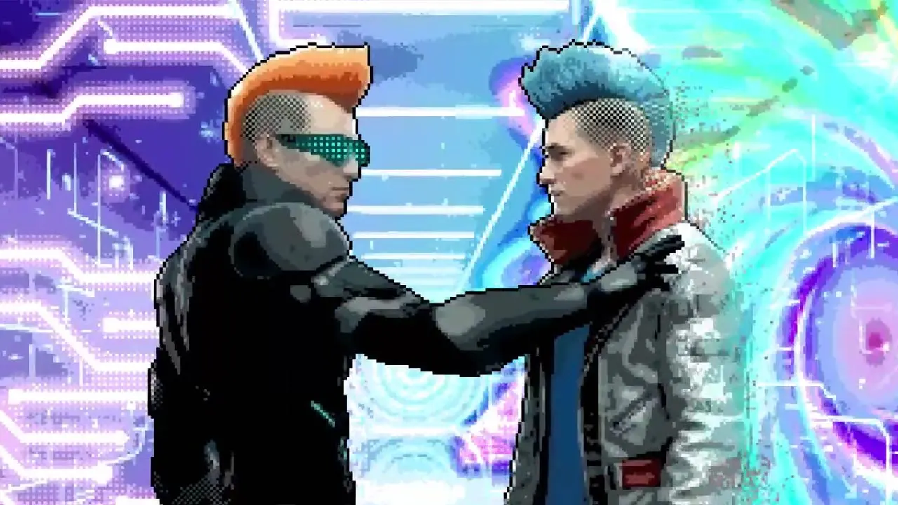 Kadr z trailera darmowej gry na Steam - Chronigma. Przedstawia dwóch futurystycznych bohaterów i neonowe tło.