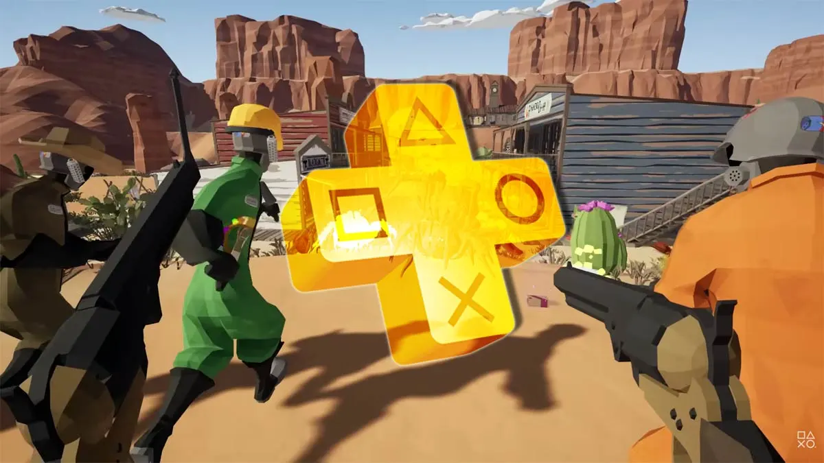 Kadr z gry Kill it with Fire 2 oraz centralnie osadzone logo PS Plus.