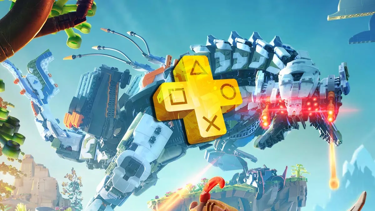 Screen z gry LEGO Horizon Adventures, której trial sprawdzisz w PS Plus Premium. W centrum logo usługi PS Plus.