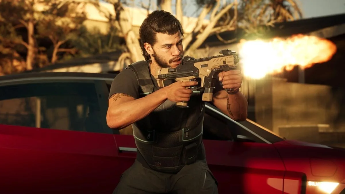 MindsEye z darmowym starterem. Screen z gry przedstawia bohatera na tle samochodu.