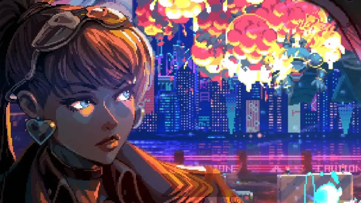 Kadr z gry Neon Inferno, której demo jest dostępne na PS5 i PS4. Po lewej stronie bohaterka gry, a po prawej cyberpunkowe miasto i wybuchy.