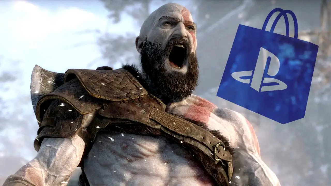 Screen z gry God of War przedstawiający wściekłego kratosa i symbol sklepu PS Store.