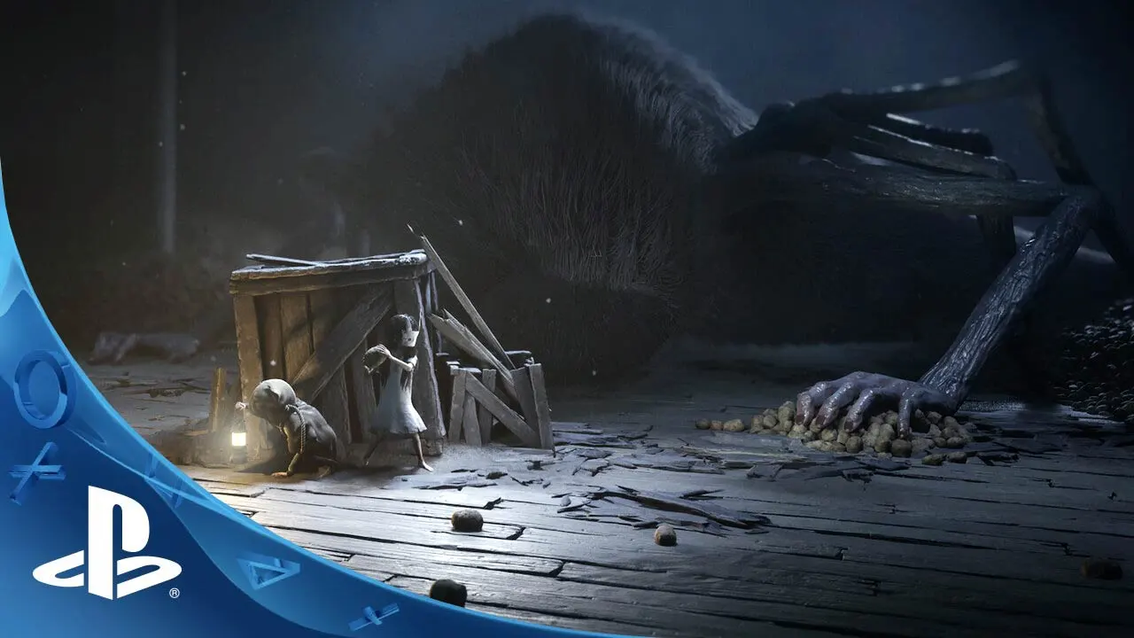 Screen z gry REANIMAL , która jest jednym z 5 tytułów, które otrzymały darmowe demo na PS5. Kasdr przedstawia dwie postacie z gry oraz mielkiego pająka.