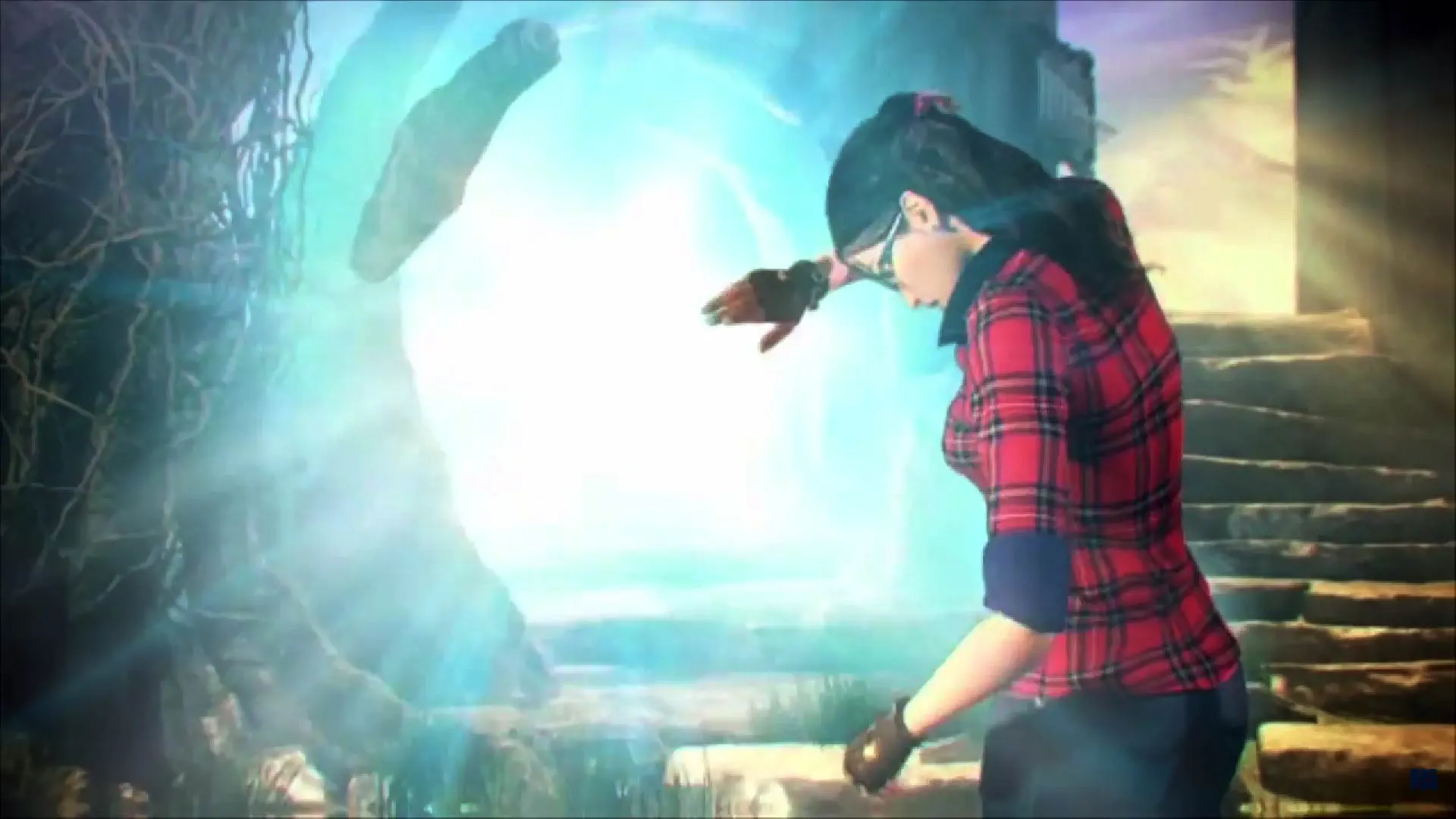 Kadr z trailera gry Zagubione Światy 3: Złota Klątwa, która debiutuje za darmo na PS5. Przedstawia kobietę zasłaniającą się dłonią przed jaskrawym światłem.