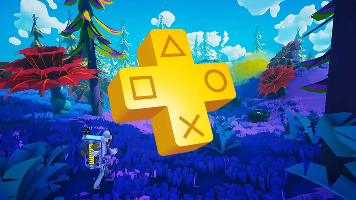 Screen z gry ASTRONEER, która dostała trial w PS Plus Premium. Obrazek przedstawia kolorowy świat gry oraz logo PS Plus.
