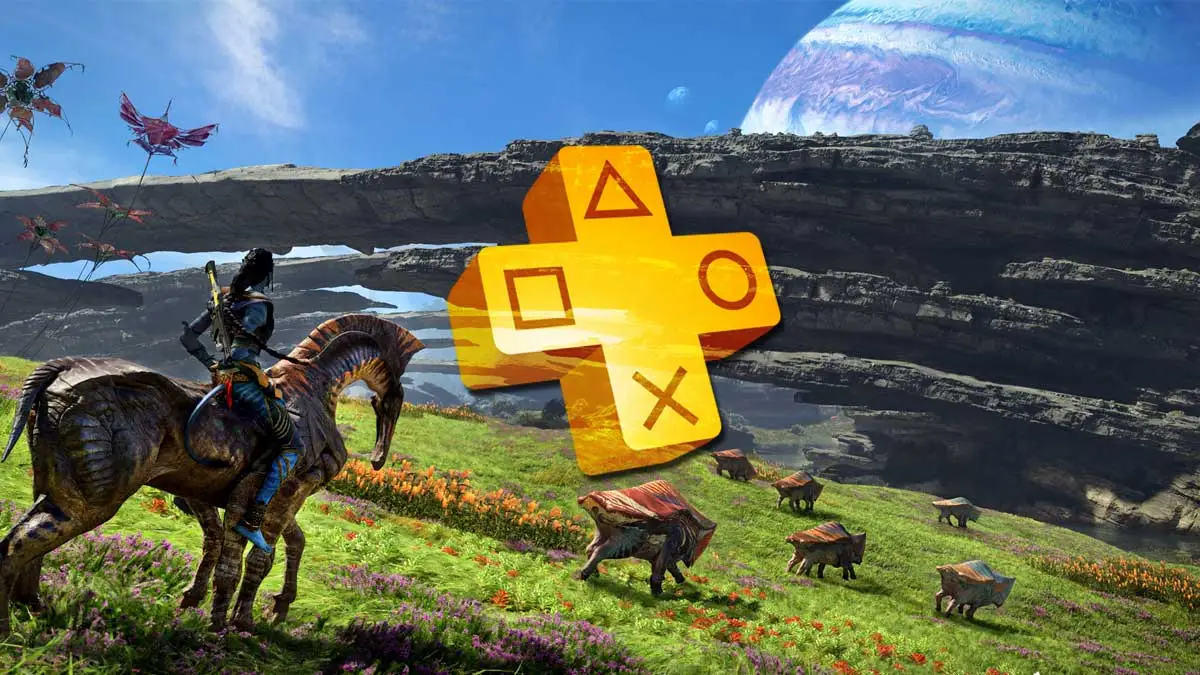 Screen z gry Avatar: Frontiers of Pandora i logo PS Plus. To jedna z gier, które gracze chcą dostać w PS Plus na styczeń 2026.