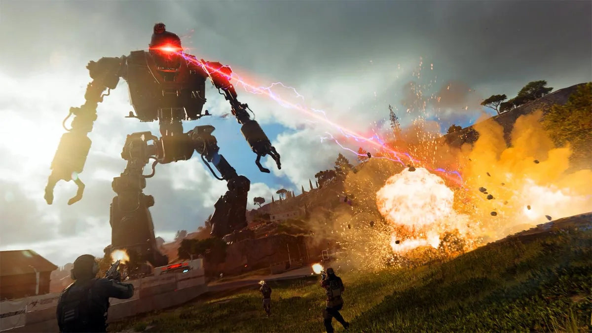 Screen z gry Call of Duty: Black Ops 7, na którym widac ogromnego robota strzelającego laserem i atakujących go żołnierzy.