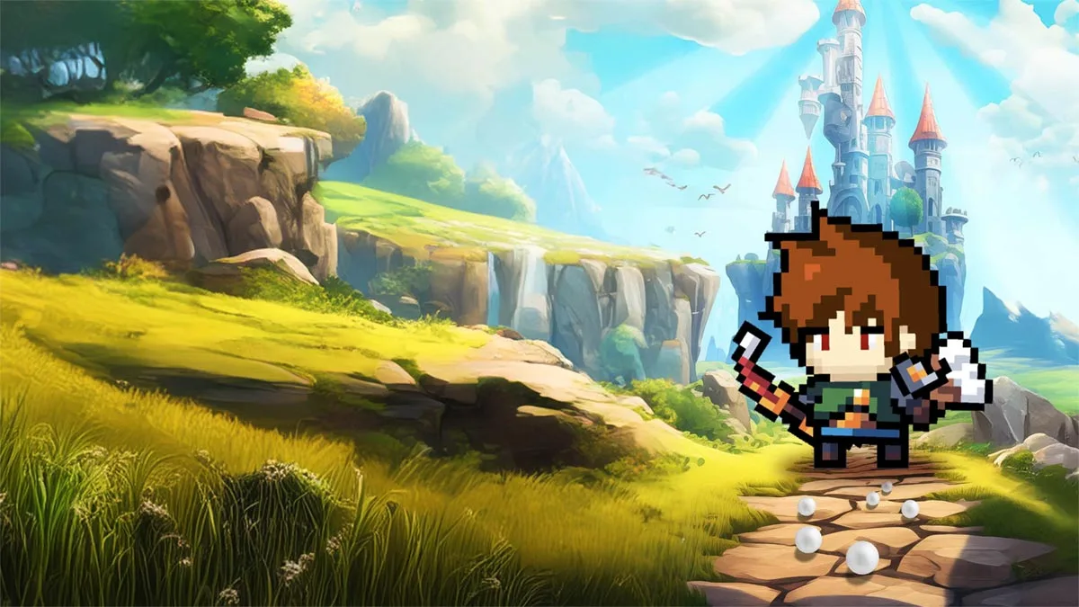 Grafika z darmowej gry Cup Heroes. Przedstawia pejzarz z zamkiem i pikselowego bohatera gry.