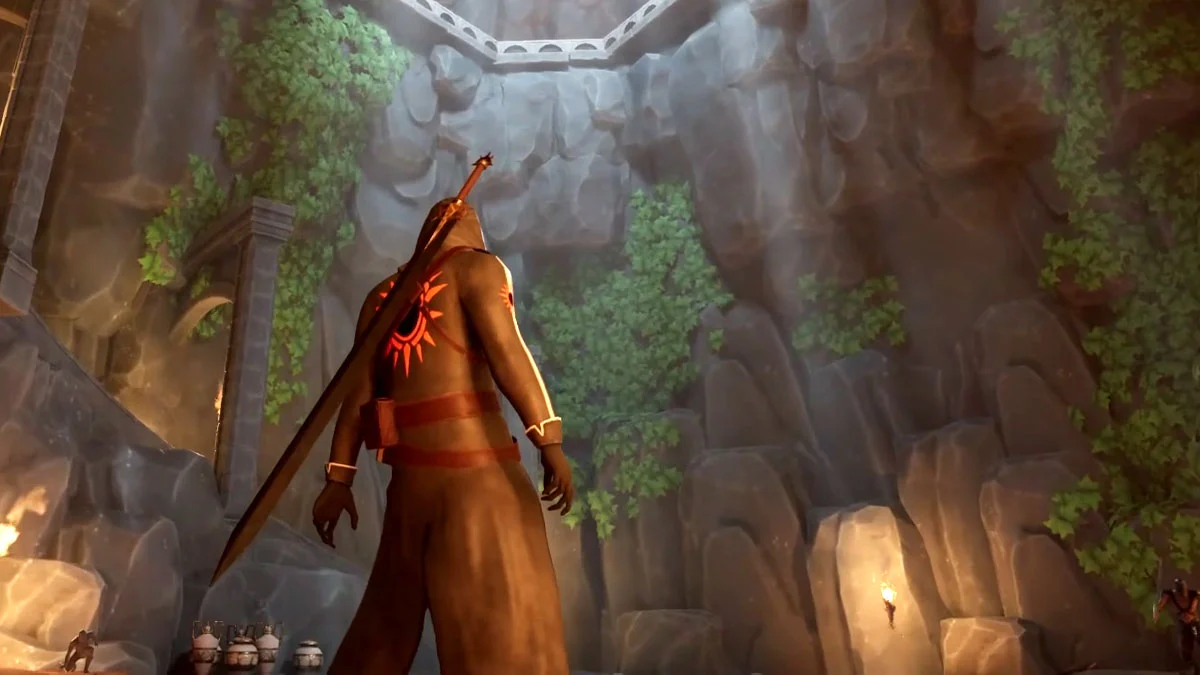 Screen z darmowej gry Exoria. W kadrze zakapturzony bohater z mieczem.