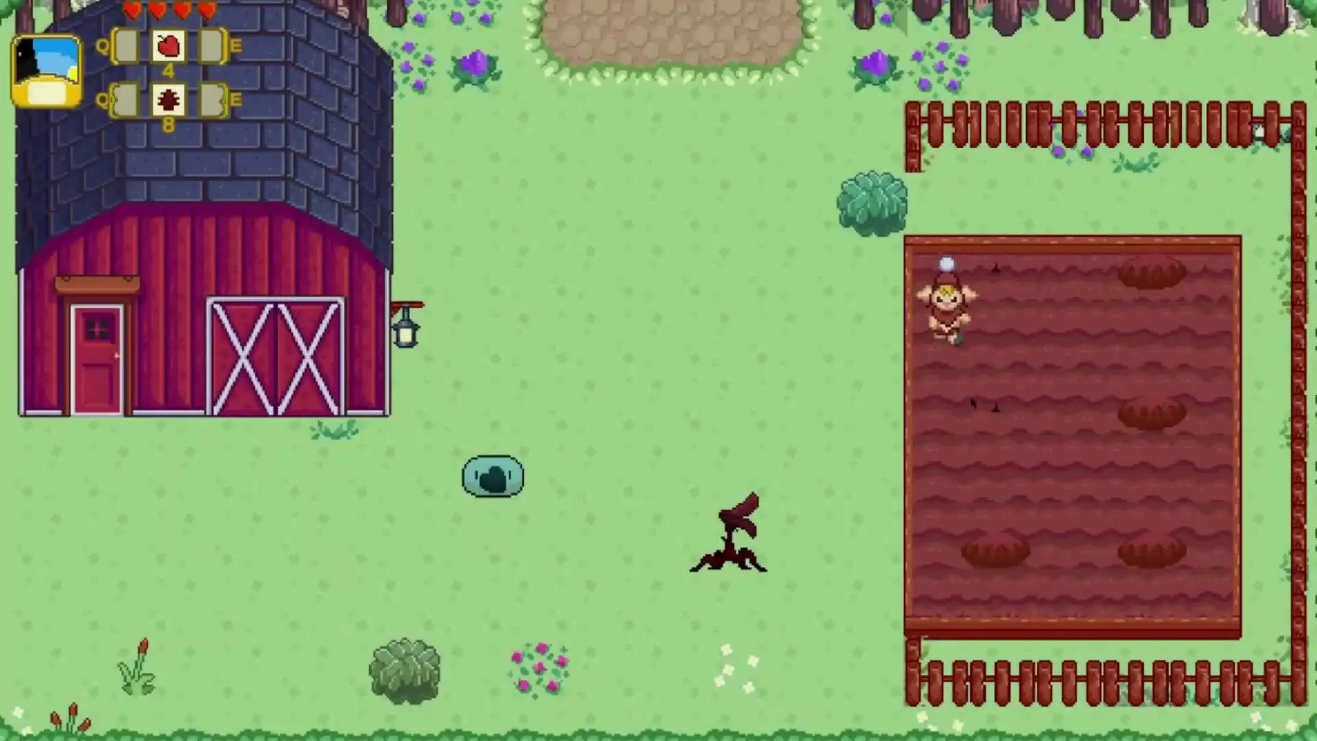 Screen z darmowej gry Gilroy's Grove na Steam. Przedstawia świat gry z lotu ptaka, pole, domek i bohatera.