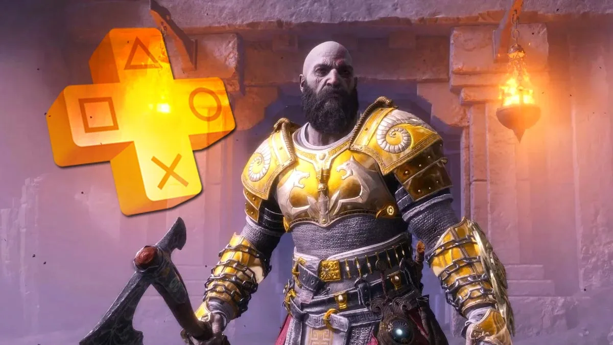 Screen z gry God of War: Ragnarok. Przedstawia Kratosa, a w rogu widzimy logo PS Plus.