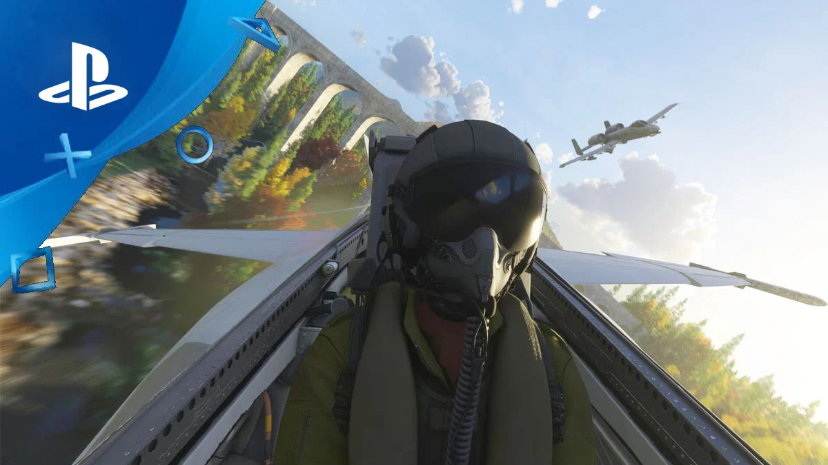 Screen z gry Microsoft Flight Simulator 2024. To jedna z premier tygodnia na PS5. W kadrze pilot mysliwca w kabinie samolotu i logo PlayStation.