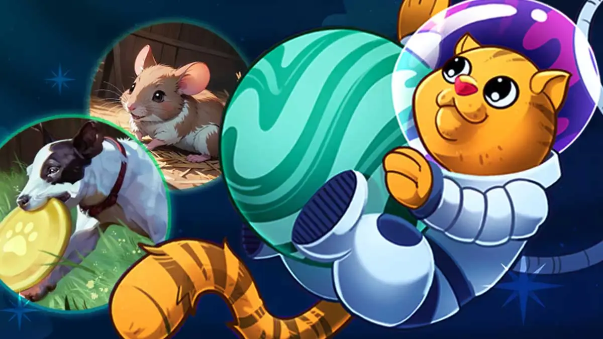 Grafika z darmowej gry Puzzle Galaxy. Pokazuje bajkowego kota w przestrzeni kosmicznej obejmującego planetę.