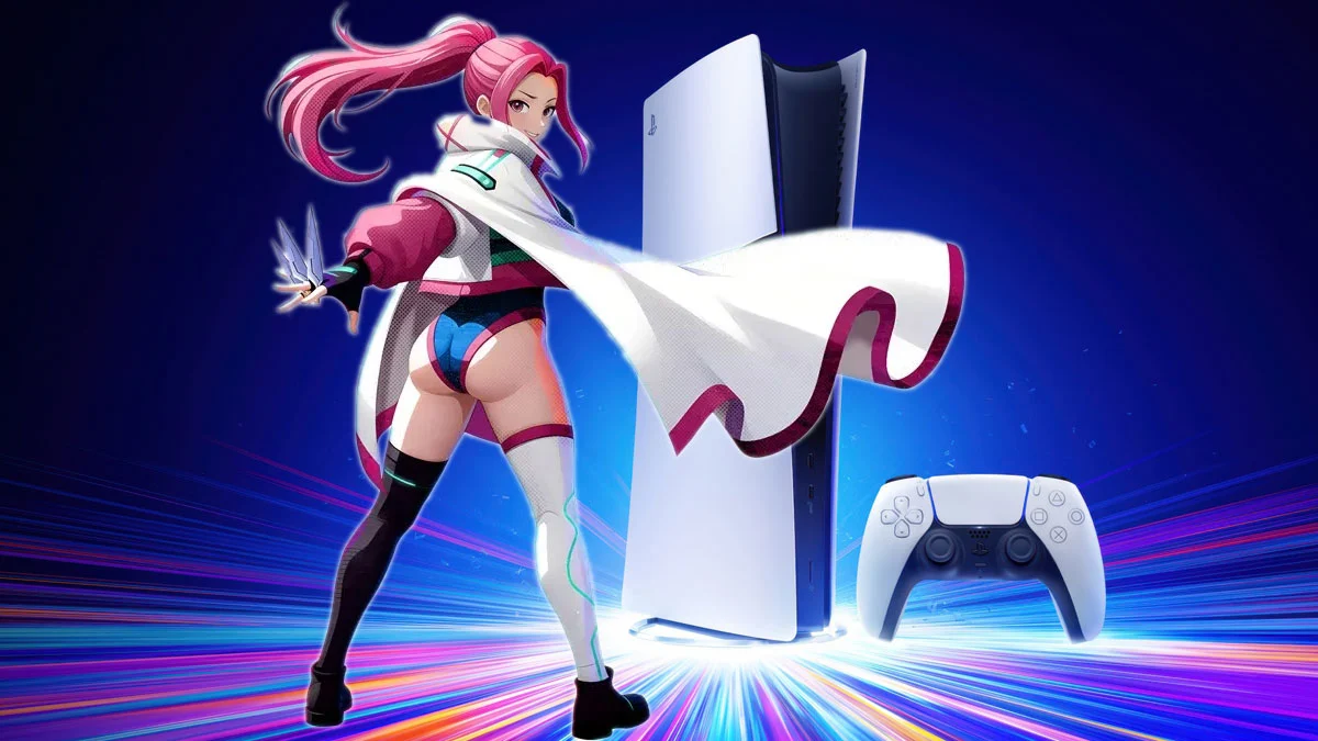 Grafika przedstawia konsolę PS5 i bohaterke gry Reloadian. Od dzisiaj na PS5 można grać za darmo w betę.