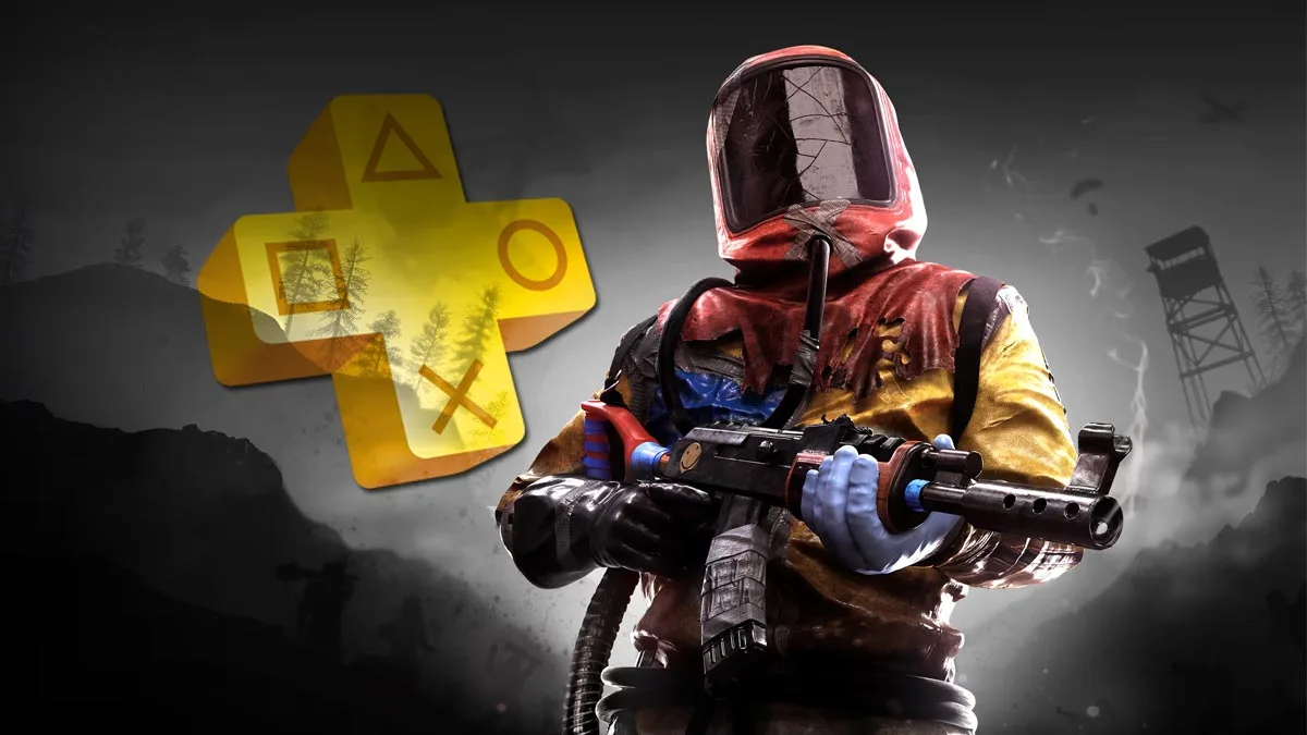 Grafika z gry Rust Console Edition na PS5. Przedstawia bohatera gry z bronią oraz logo PS Plus.