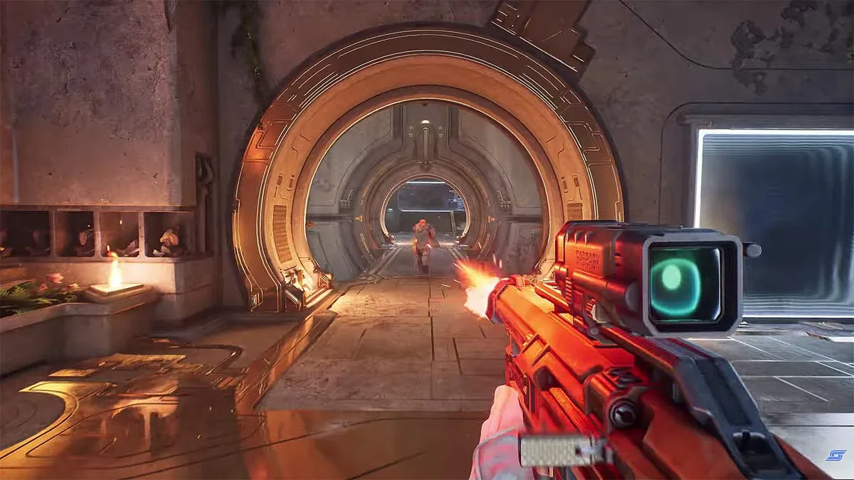 Screen z darmowej strzelanki SPLITGATE: Arena Reloaded. Przedstawia jedną z aren i widoczną broń w dłoniach bohatera.