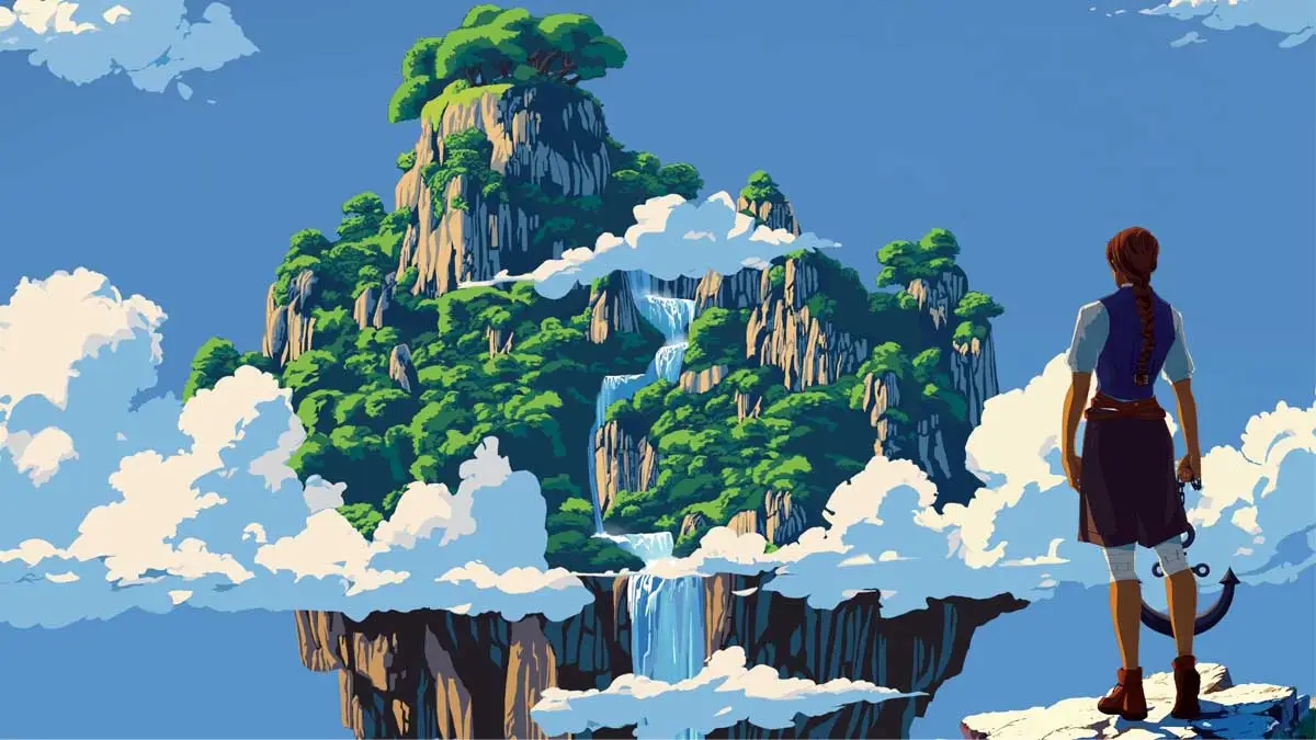 Grafika z darmowej gry Skybound na Steam. To jedna z 15 nowych premier free to play. Na grafice bohater i latające wyspy w chmurach.