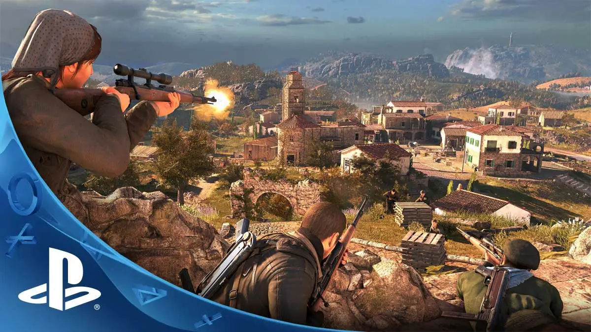 Screen z gry Sniper Elite 4, która jest w promocji na PlayStation 90% taniej. Na screenie widac piękny widok na miasteczko i snajperów na pierwszym planie.