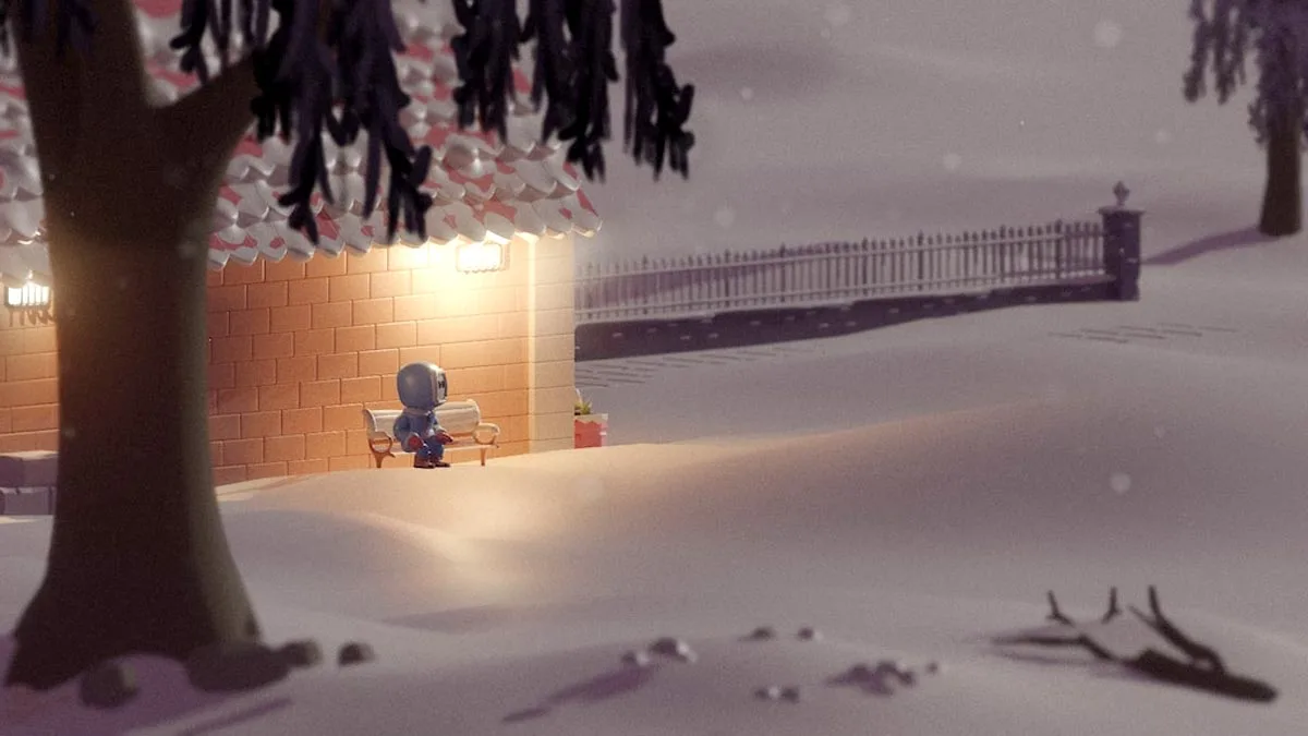 Acreen z darmowej gry Snow Cone Serenade. W kadrze zimowy świat i mały bohater siedzący samotnie na ławce.