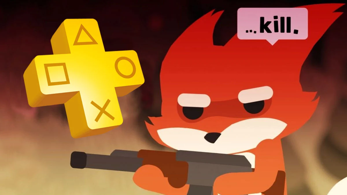 Postać lisa z bronią z gry Super Animal Royale. Obok logo PS Plus.