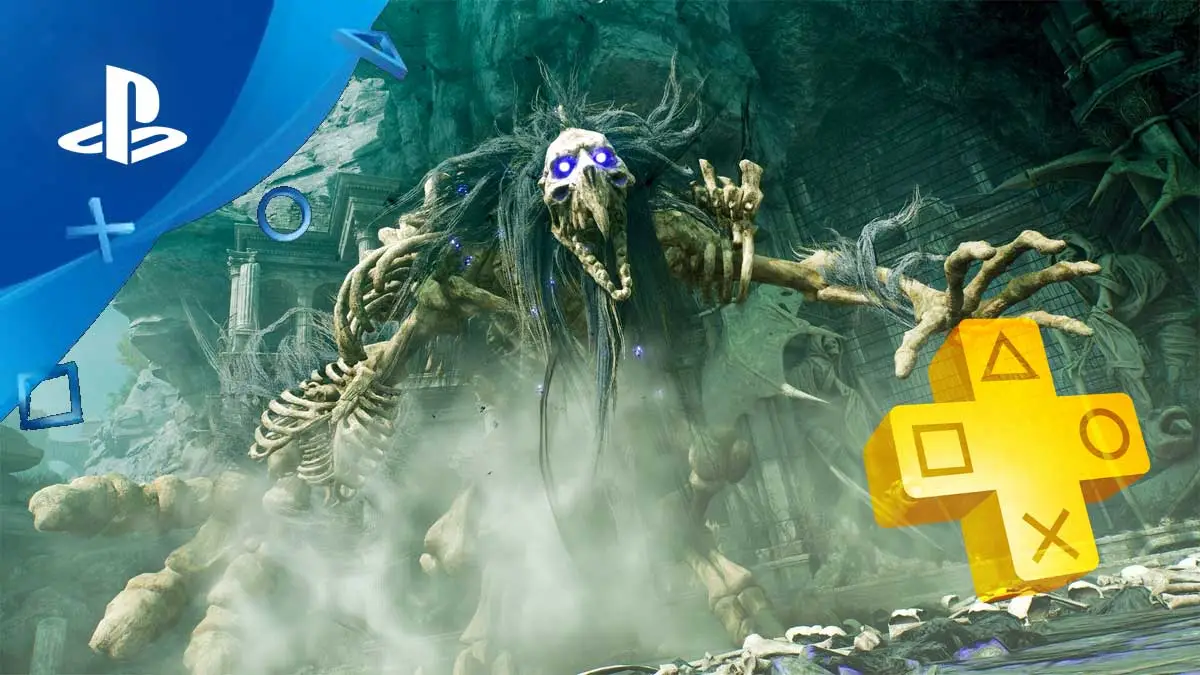 Screen z darmowej gry THRONE AND LIBERTY. W kadrze potwór z gry, logo PlayStation i PS Plus.