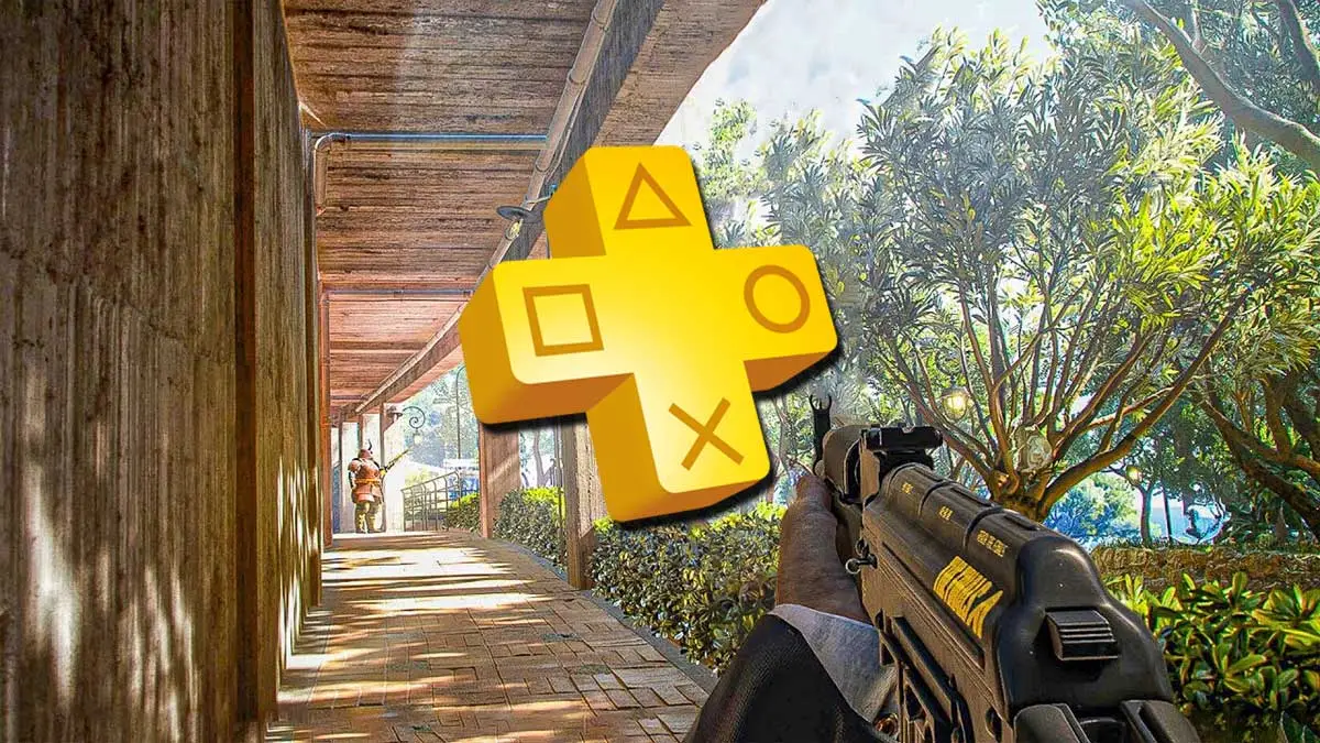 Screen z gry The Finals i logo PS Plus. W kadrze piekny widok oraz broń trzymana przez bohatera.