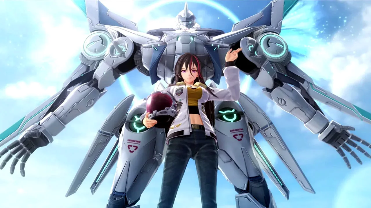 Screen z gry The Legend of Heroes: Trails beyond the Horizon. Pokazuje bohaterkę, za którą stoi gigantyczny robot.