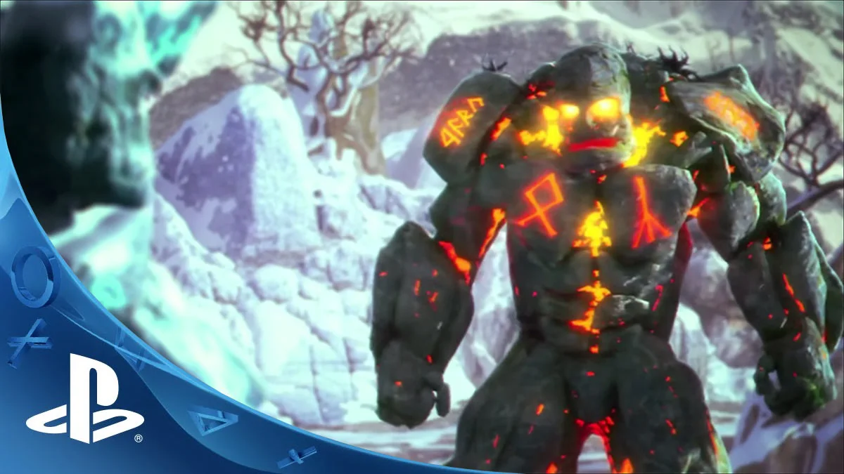 Screen z gry Zagubione Światy 5: Zaklęcie Lodu na PS5. To nowość za darmo do pobrania z PS Store. Obrazek przedstawia kamiennego golema.