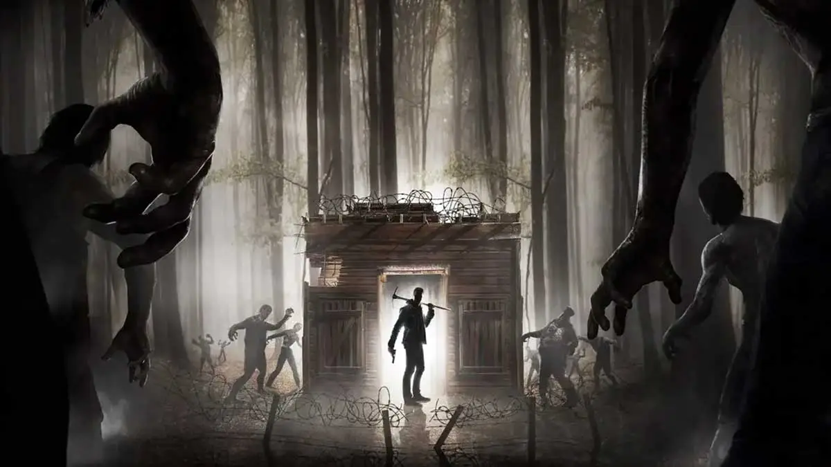 Grafika z gry 7 Days To Die. Na obrazku mroczny las i bohater broniący sie przed potworami w małym domku.