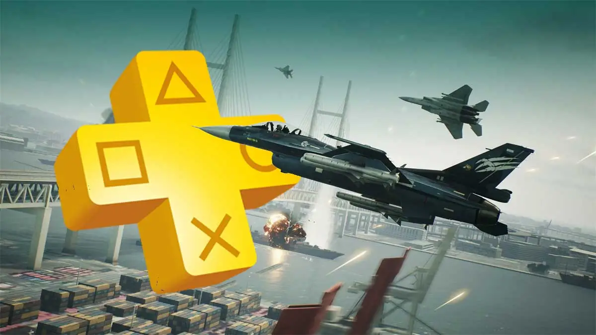 Screen z gry Ace Combat 7 oraz logo PS Plus. Możemy pobrać DLC do AC7 oraz trial jednej z gier nadchodzacej oferty.
