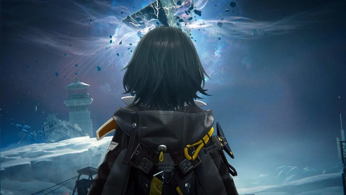 Grafika z gry za darmo Arknights: Endfield. Na obrazku kobieca postać wpatrująca się w dziwny obiekt na niebie.