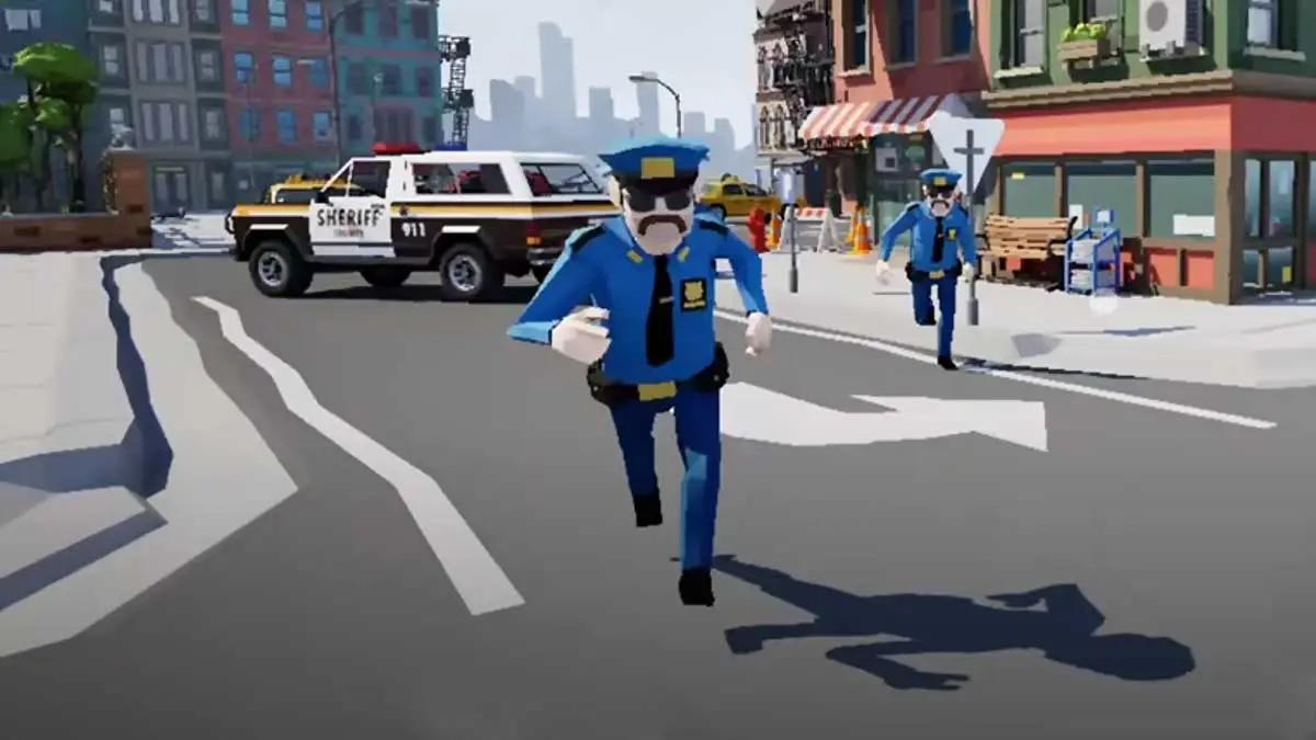 Screen z gry BYE BYE! POLICE!. Przedstawia miasto, radiowóz na ulicy i ścigających nas policjantów.