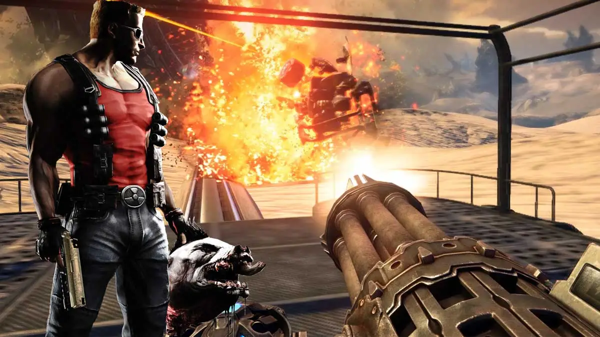 Screen z gry Bulletstorm Full Clip Edition Duke Nukem Bundle. Na obrazku Duke Nukem oraz scena strzelania z broni i wybuchy.