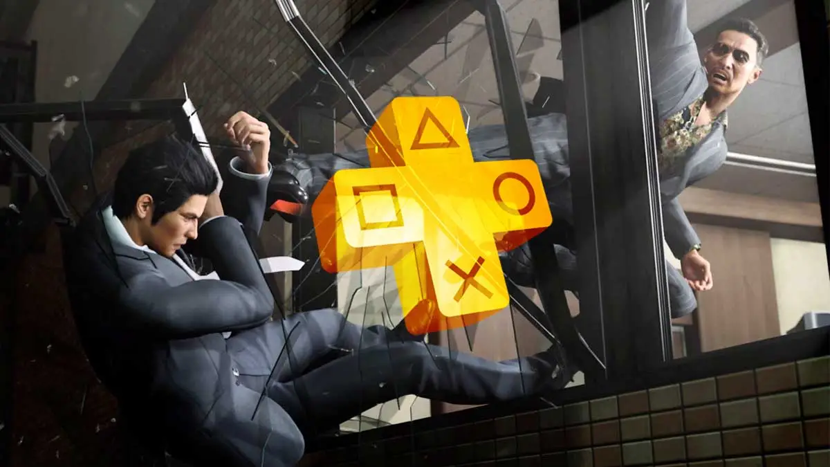 Screen z gry Like a Dragon Gaiden: The Man Who Erased His Name. Po środku logo PS Plus.