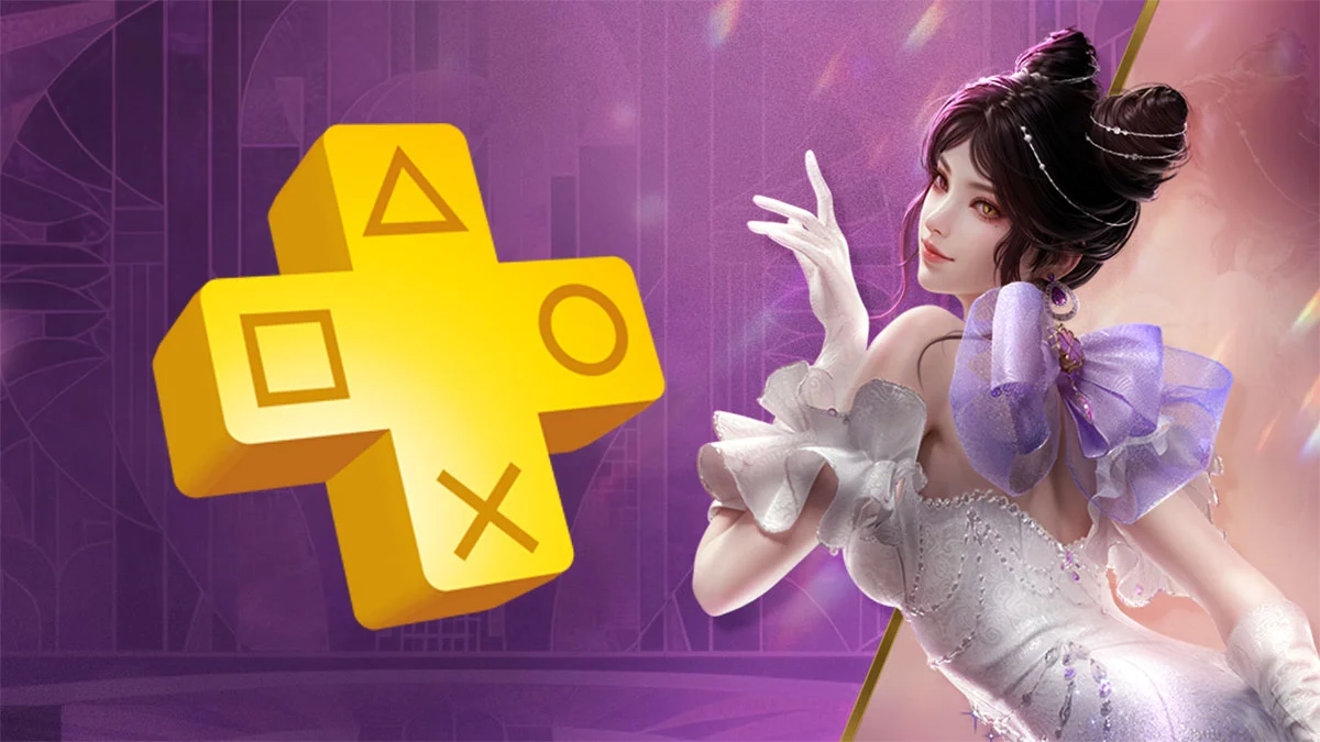 Screen z gry NARAKA: BLADEPOINT. Przedstawia kobiecą postać z gry. Obok logo PS Plus.