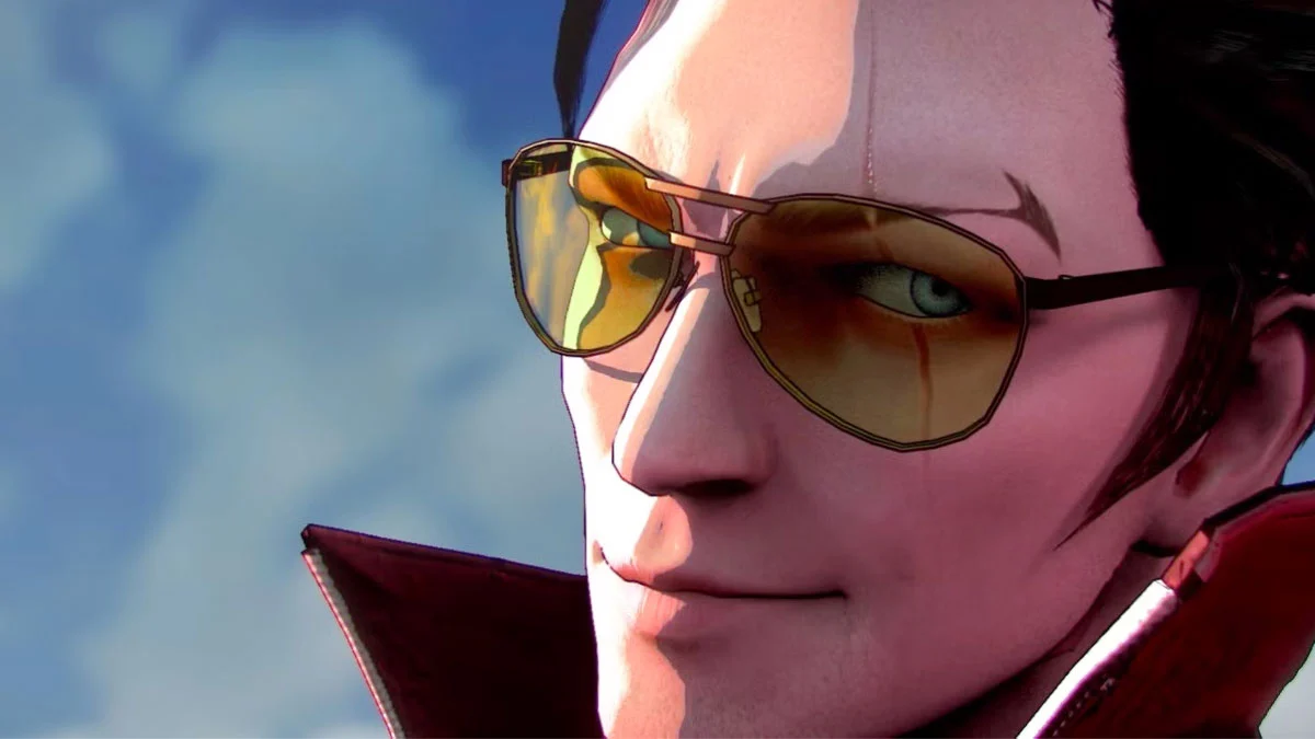 Screen z gry No More Heroes 3. Na obrazku zbliżenie do twarzy głównego bohatera.