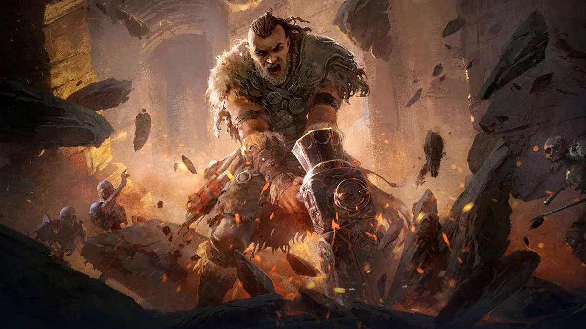 Grafika z gry Path of Exile 2. Przedstawia jednego z bohaterów z młotem w dłoni.