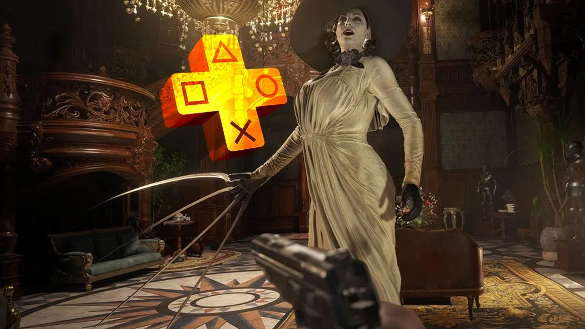 Screen z gry Resident Evil Village i logo PS Plus. Na obrazku kobieta - jedna z przeciwniczek w grze.