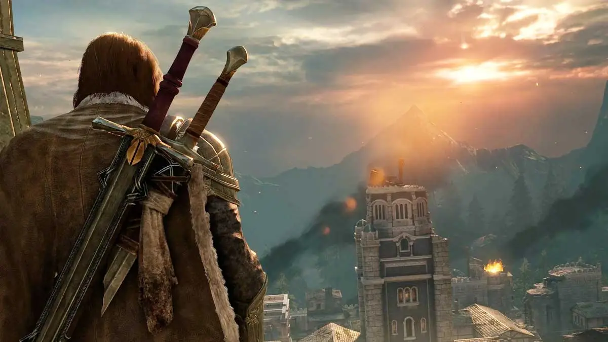 Screen z gry Śródziemie: Cień wojny. W promocji kupimy klucz Steam za niecałe 10 zł. Na obrazku bohater patrzący na płonące budowle.