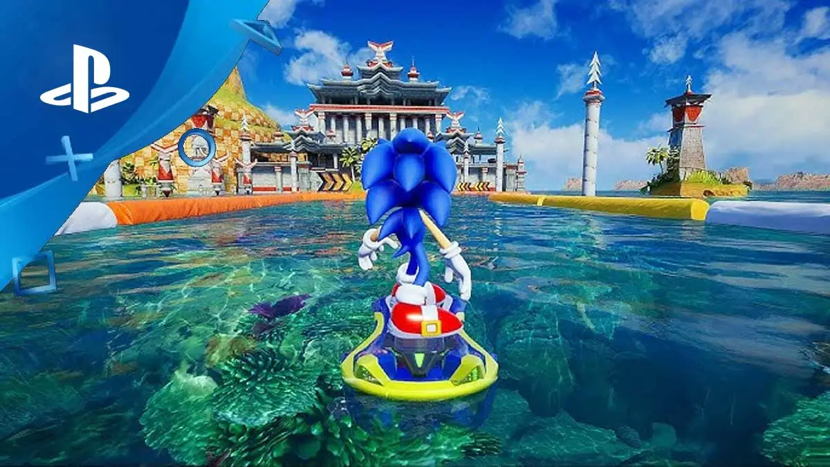 Screen z gry Sonic Racing: CrossWorlds. Na obrazku Sonic na desce Blue Star.