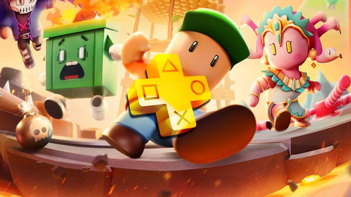 Grafika z darmowej gry Stumble Guys i logo PS Plus. Gra dostała dzisiaj nowy dodatek za darmo.