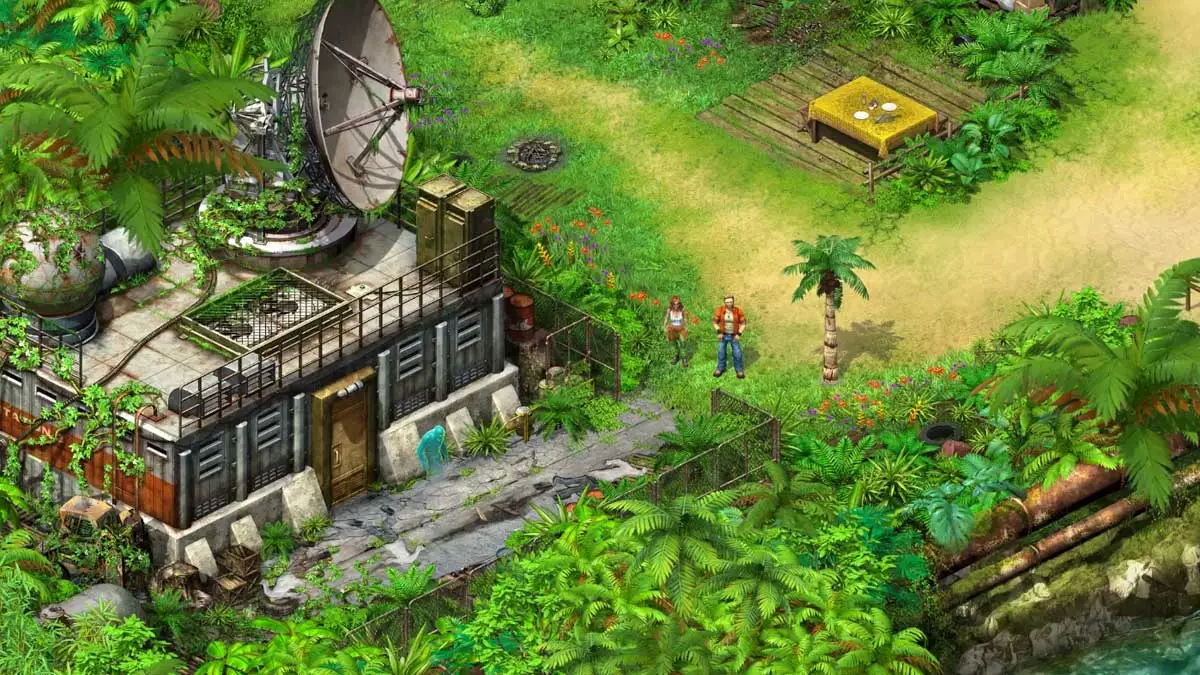 Screen z gry Survivors: Match-3 Island Adventure. Na obrazku rzut z góry na bohaterów i wielki budynek z radarem.