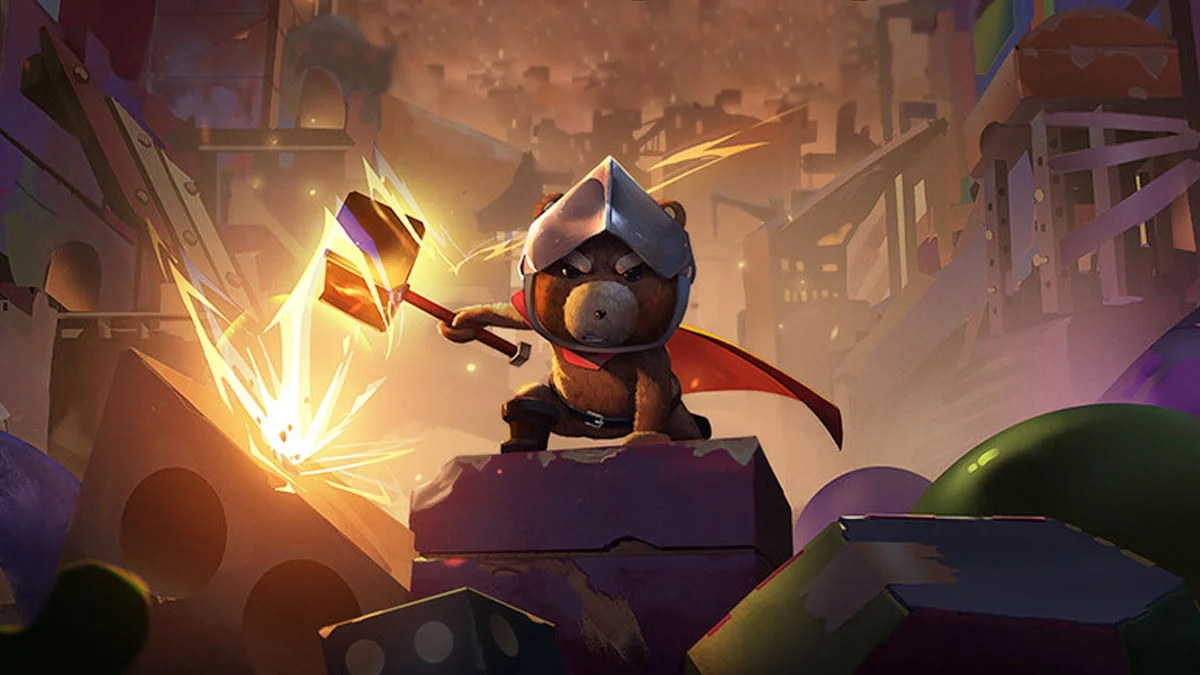 Grafika z darmowej gry Teddy Knight. Przedstawia pluszowego misia w mrocznym świecie, z bronią/młotem w dłoni.