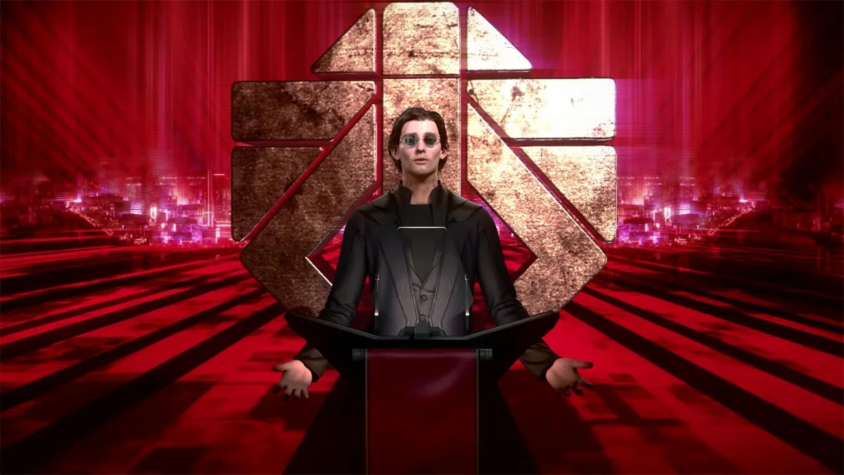 Kadr z trailera gry XCOM 2. Na screenie postać przed mównicą na czerwonym tle.